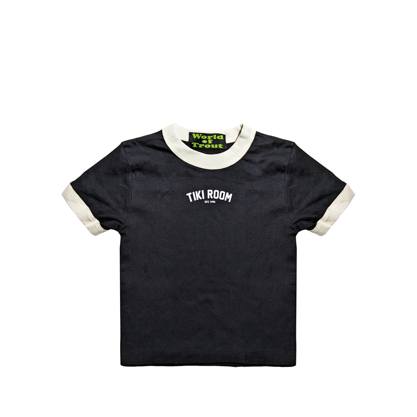 Tiki Room Mini Arch Logo Women's Baby Tee, black/white