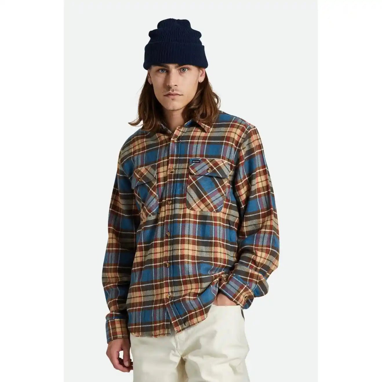 Brixton Bowery Long Sleeve Flannel, ocean blue/palm desert/sand - Tiki Room Skateboards - 2