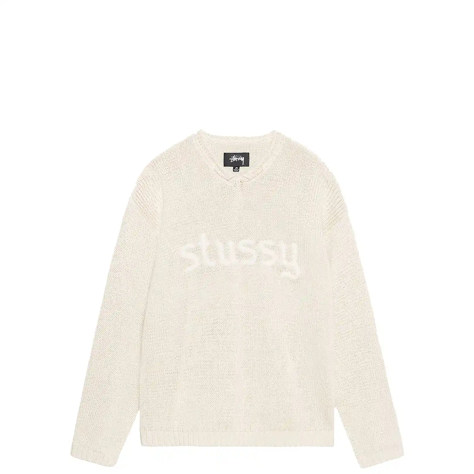 Stussy Roll V-Neck Logo Sweater, natural Tiki Room Skateboards