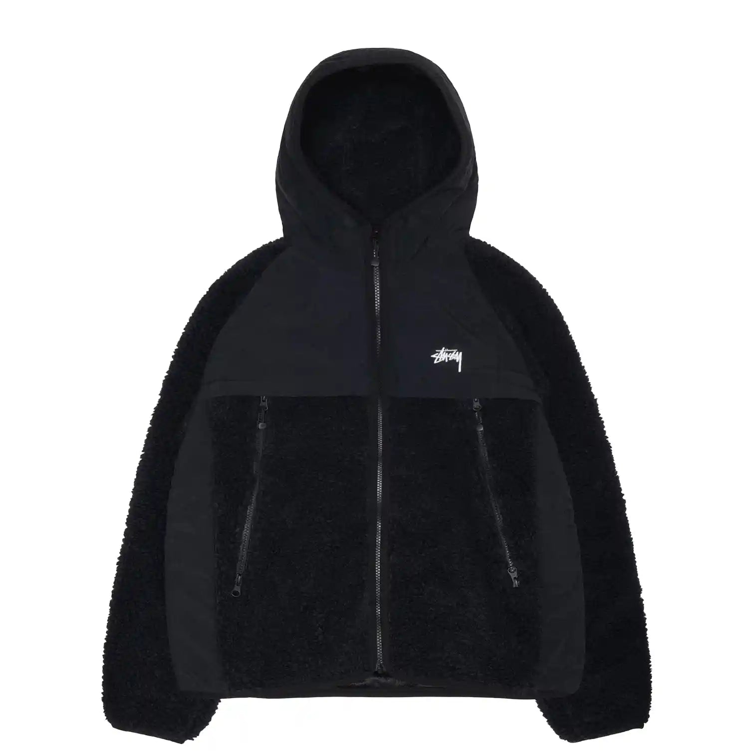 Stussy Sherpa Paneled Hooded Jacket, black - Tiki Room Skateboards
