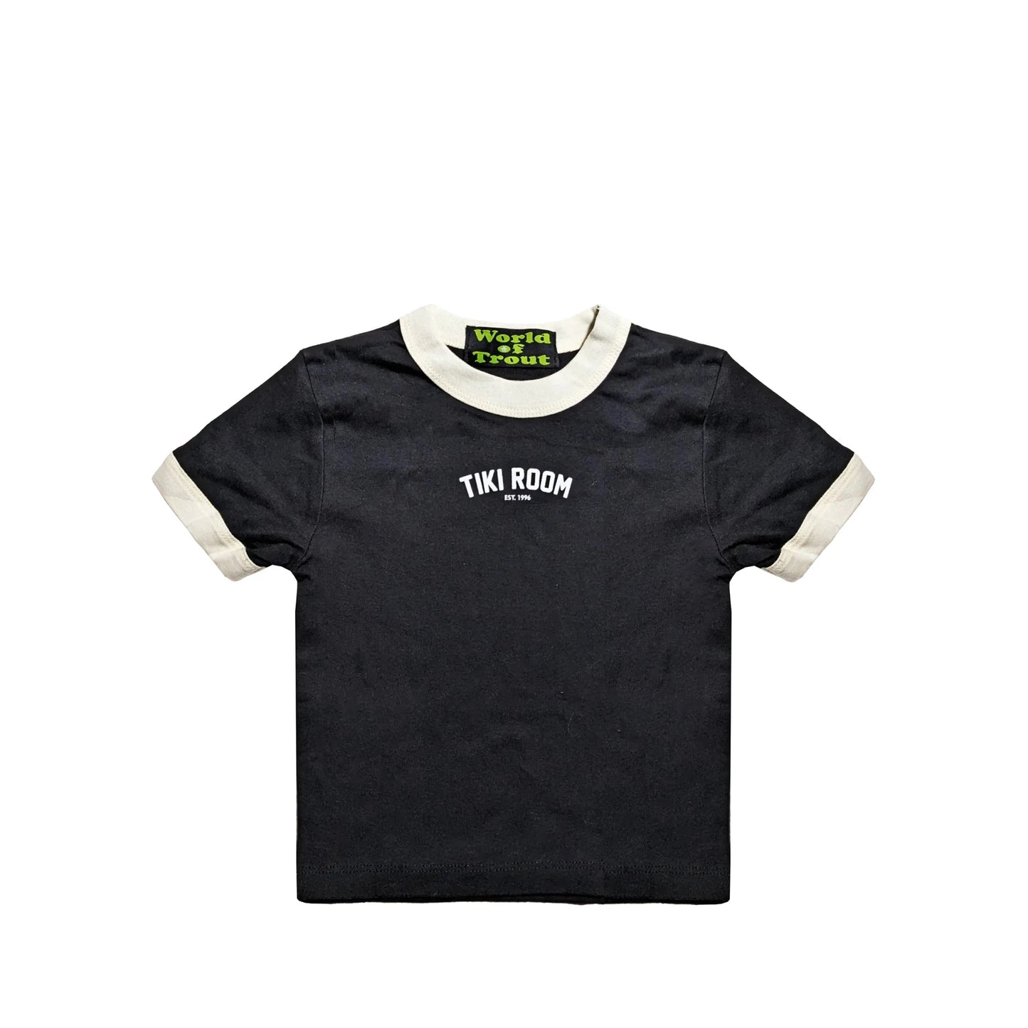 Tiki Room Mini Arch Logo Women's Baby Tee, black/white - Tiki Room Skateboards - 1