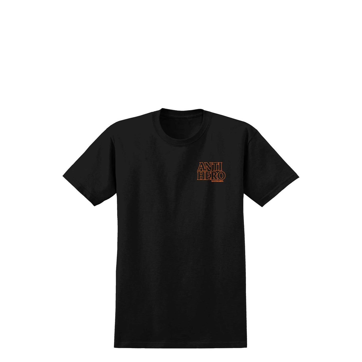 Anti Hero Lil Black Hero Outline S/S T-Shirt, black w/ orange print - Tiki Room Skateboards - 1