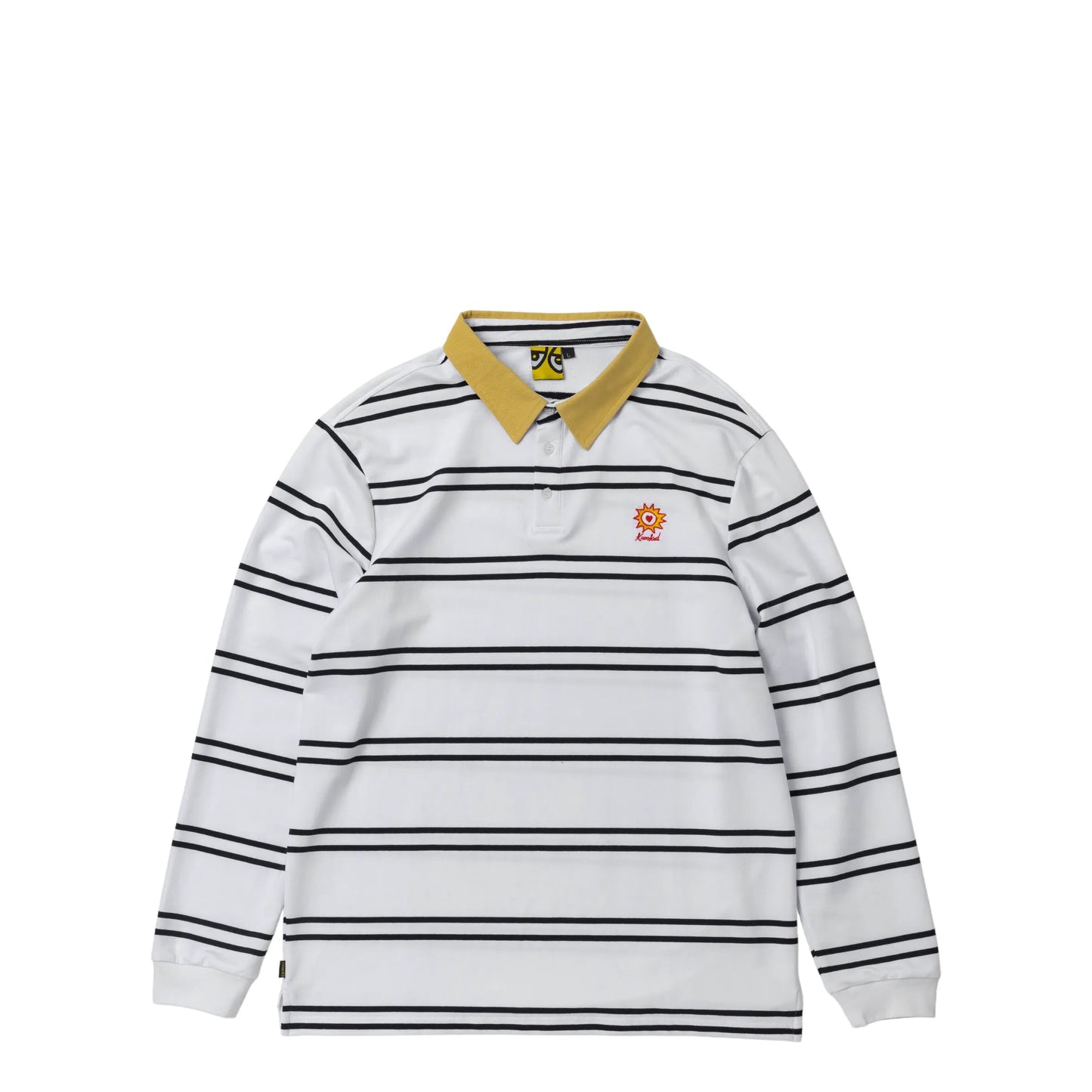 Krooked Sun Heart Rugby Shirt, white/navy w/ yellow & red embroidery