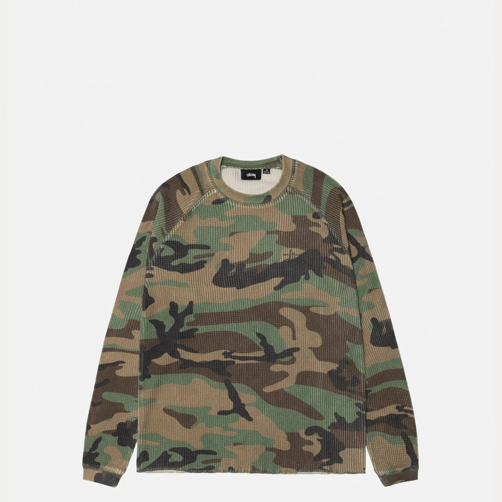 Stussy Basic Stock Raglan Thermal Shirt, woodland camo — available at TIKI ROOM
