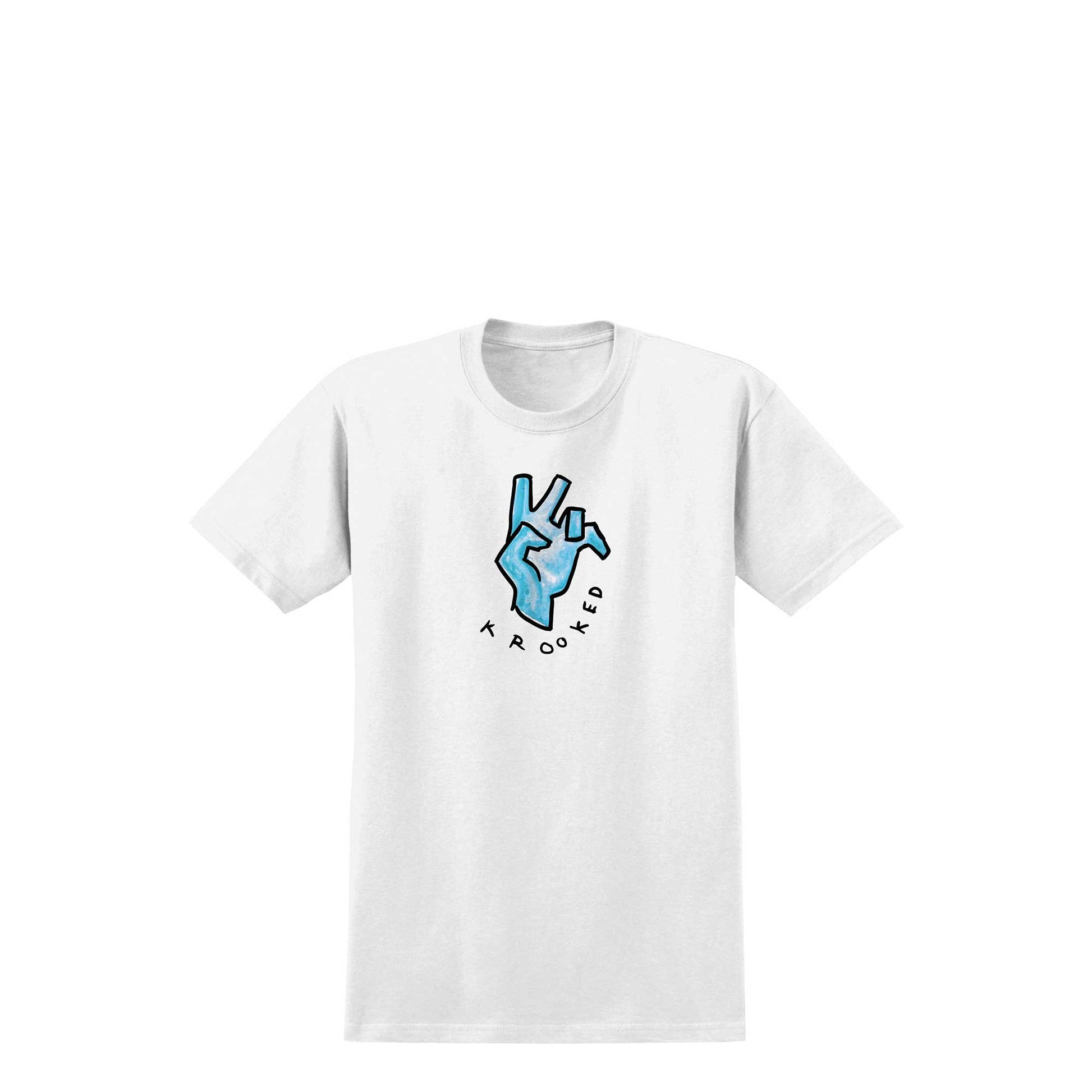Krooked Handy T-Shirt, white w/ blue & black print - Tiki Room Skateboards - 1