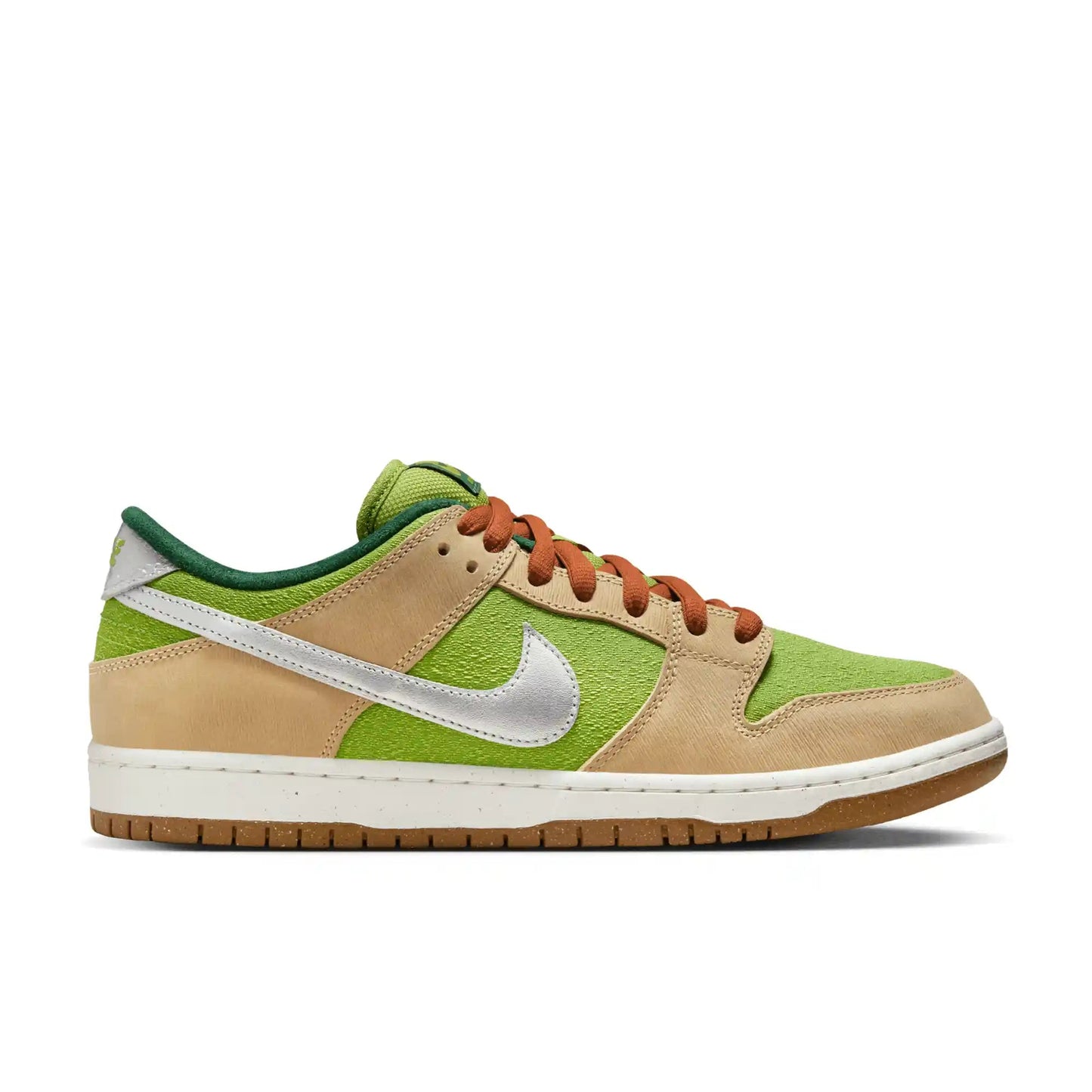 Nike SB Dunk Low Pro, sesame/metallic silver - pear - fir - Tiki Room Skateboards - 1