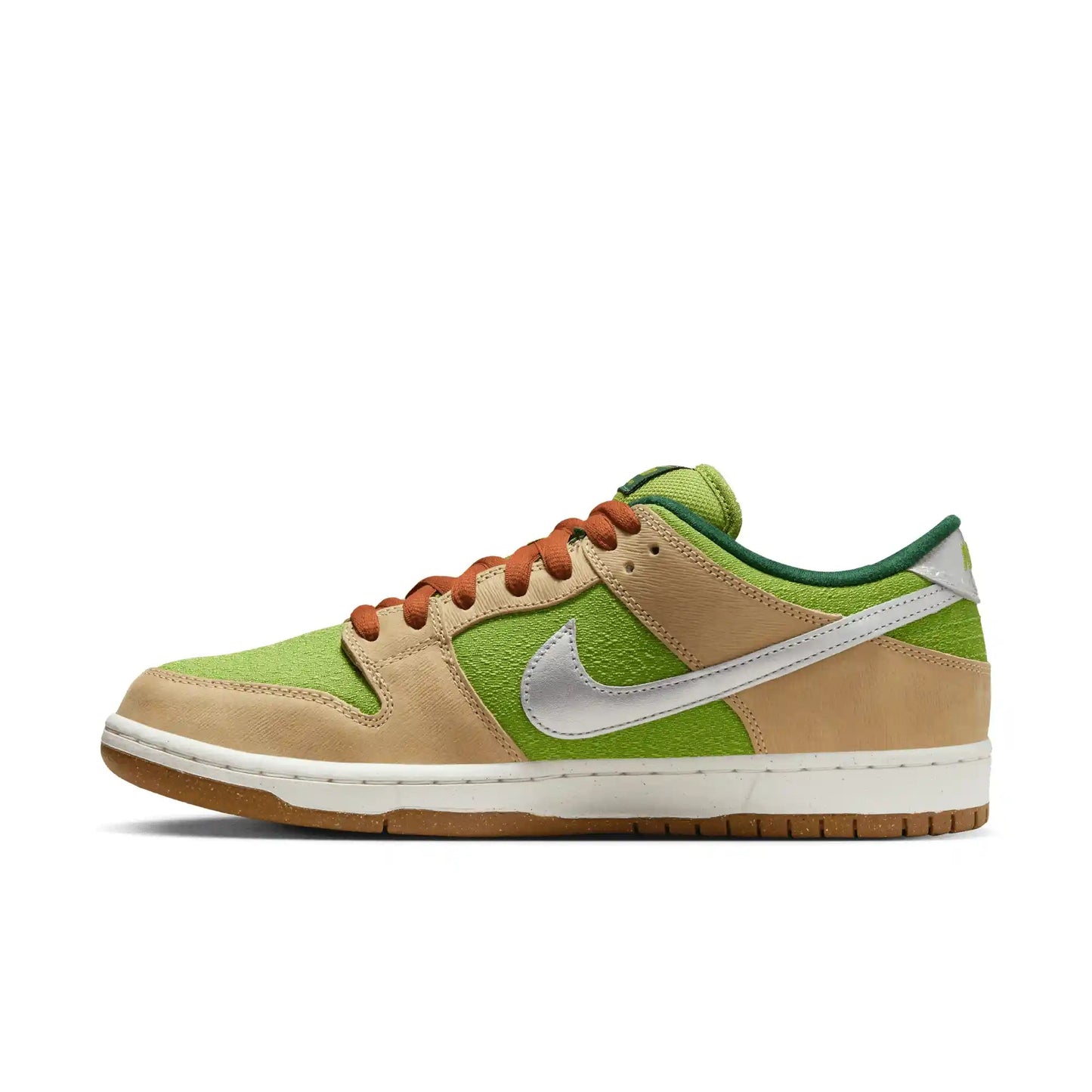 Nike SB Dunk Low Pro, sesame/metallic silver - pear - fir - Tiki Room Skateboards - 9