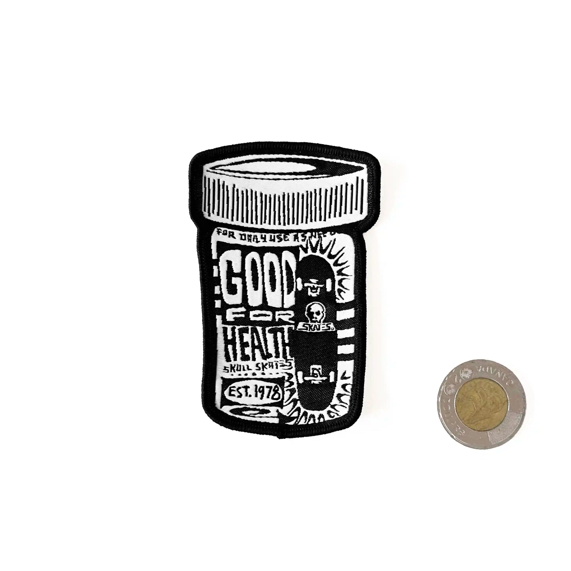 Skull Skates Pill Bottle Patch, black - Tiki Room Skateboards - 1