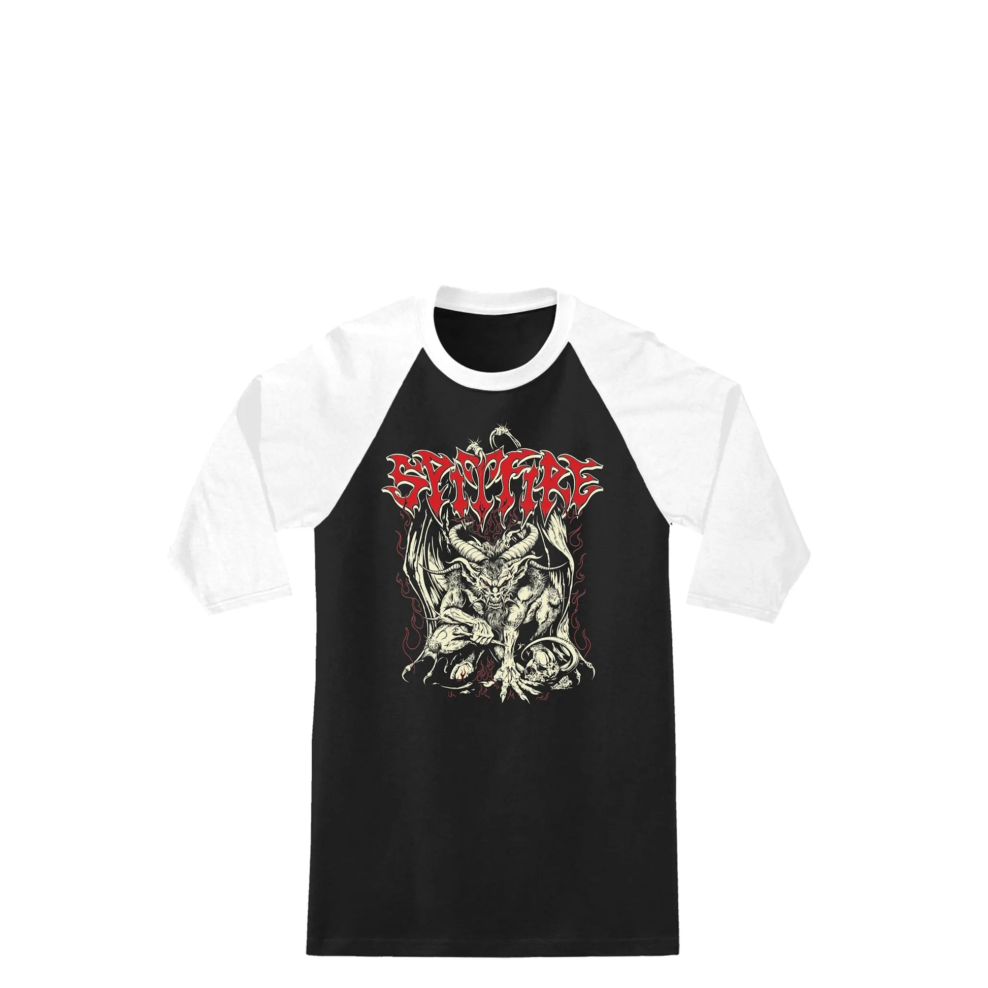 Spitfire Demon 3/4 Sleeve Raglan Tee, black/white w/ multi color discharge print - Tiki Room Skateboards - 1
