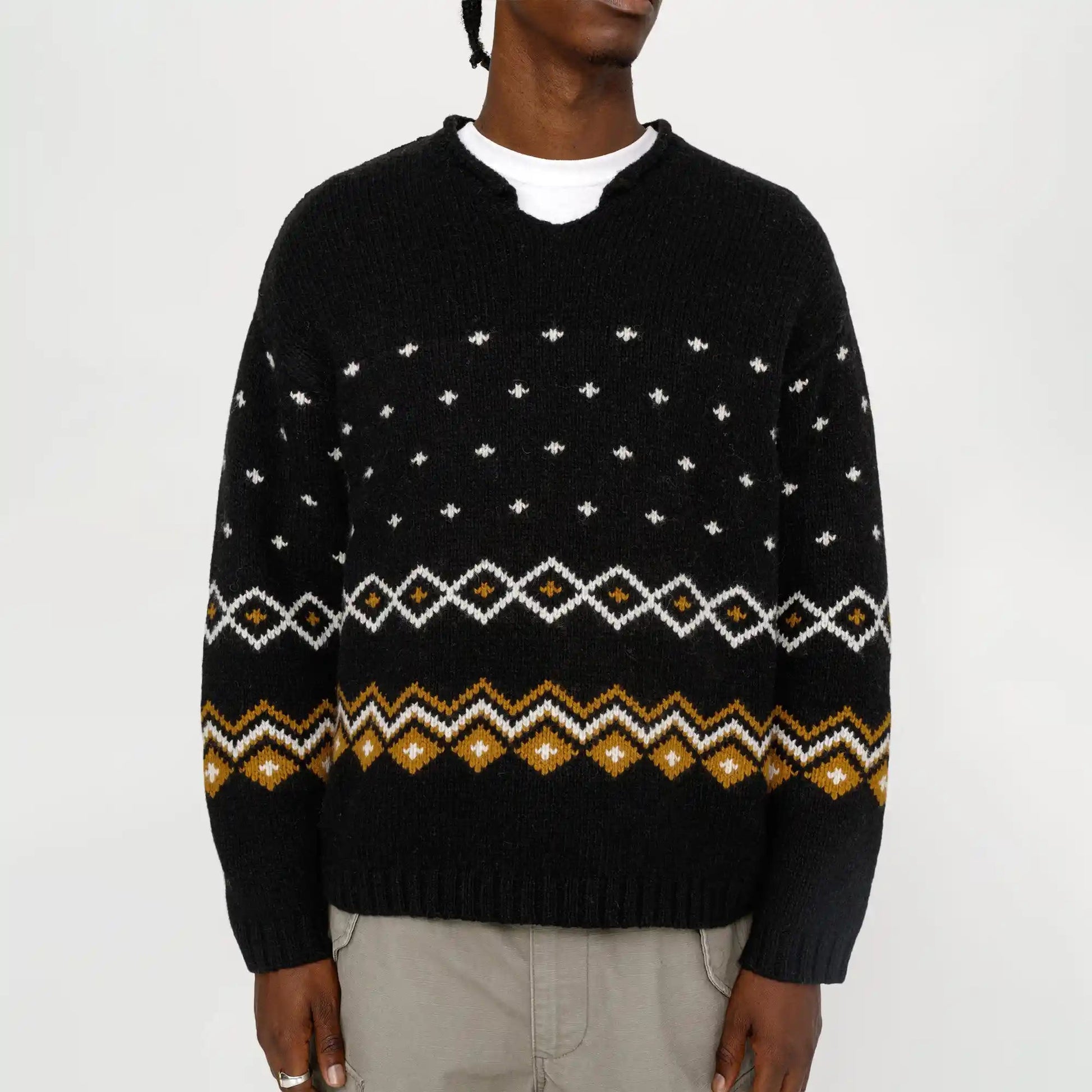 Stussy Roll V Neck Fairisle Sweater, charcoal - Tiki Room Skateboards Stussy Roll V Neck Fairisle Sweater, charcoal - Tiki Room Skateboards