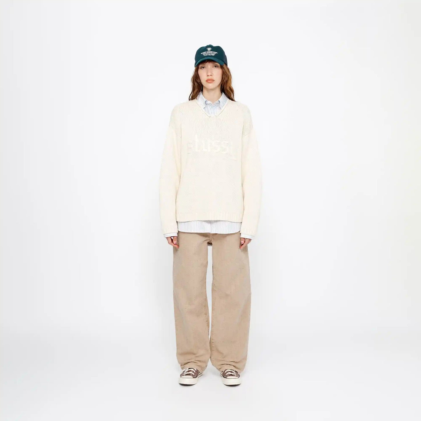 Stussy Roll V - Neck Logo Sweater, natural - Tiki Room Skateboards - 3