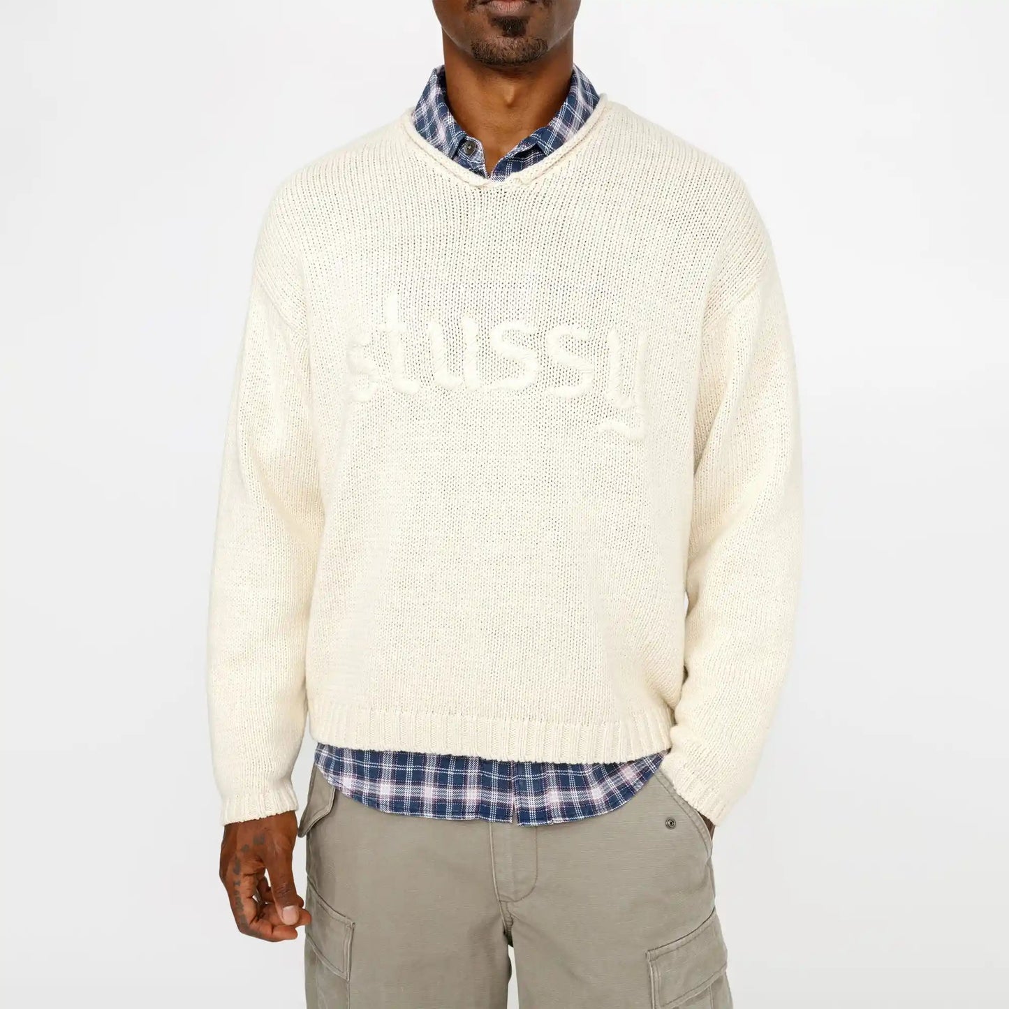 Stussy Roll V - Neck Logo Sweater, natural - Tiki Room Skateboards - 2