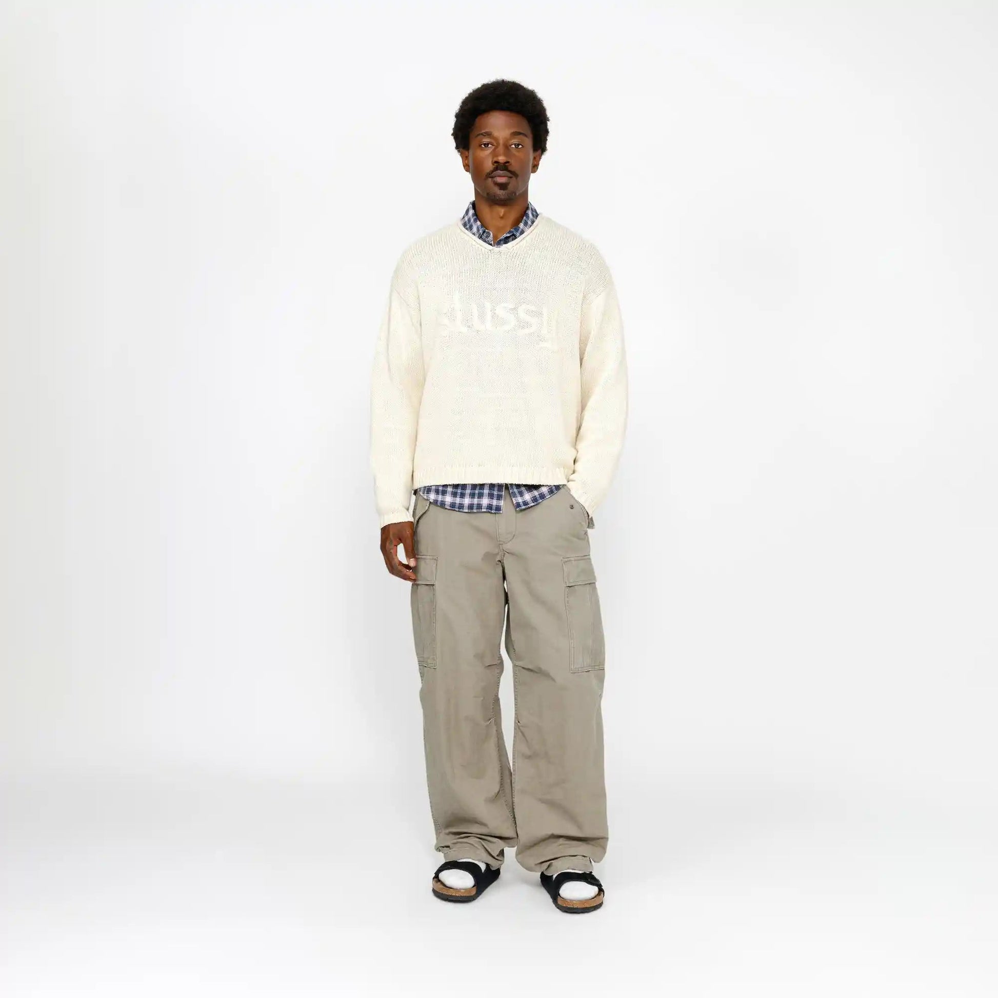 Stussy Roll V-Neck Logo Sweater, natural Tiki Room Skateboards