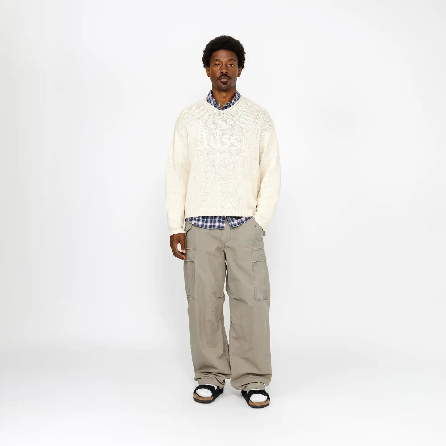 Stussy Roll V - Neck Logo Sweater, natural - Tiki Room Skateboards - 4