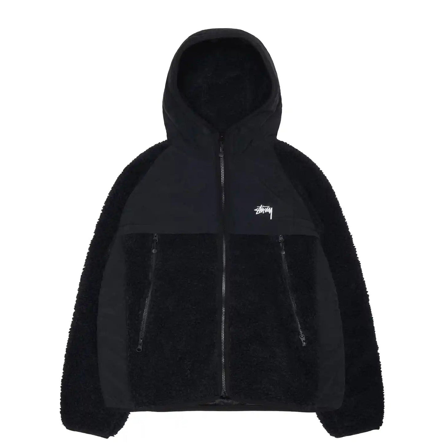 Stussy Sherpa Paneled Hooded Jacket, black - Tiki Room Skateboards - 1