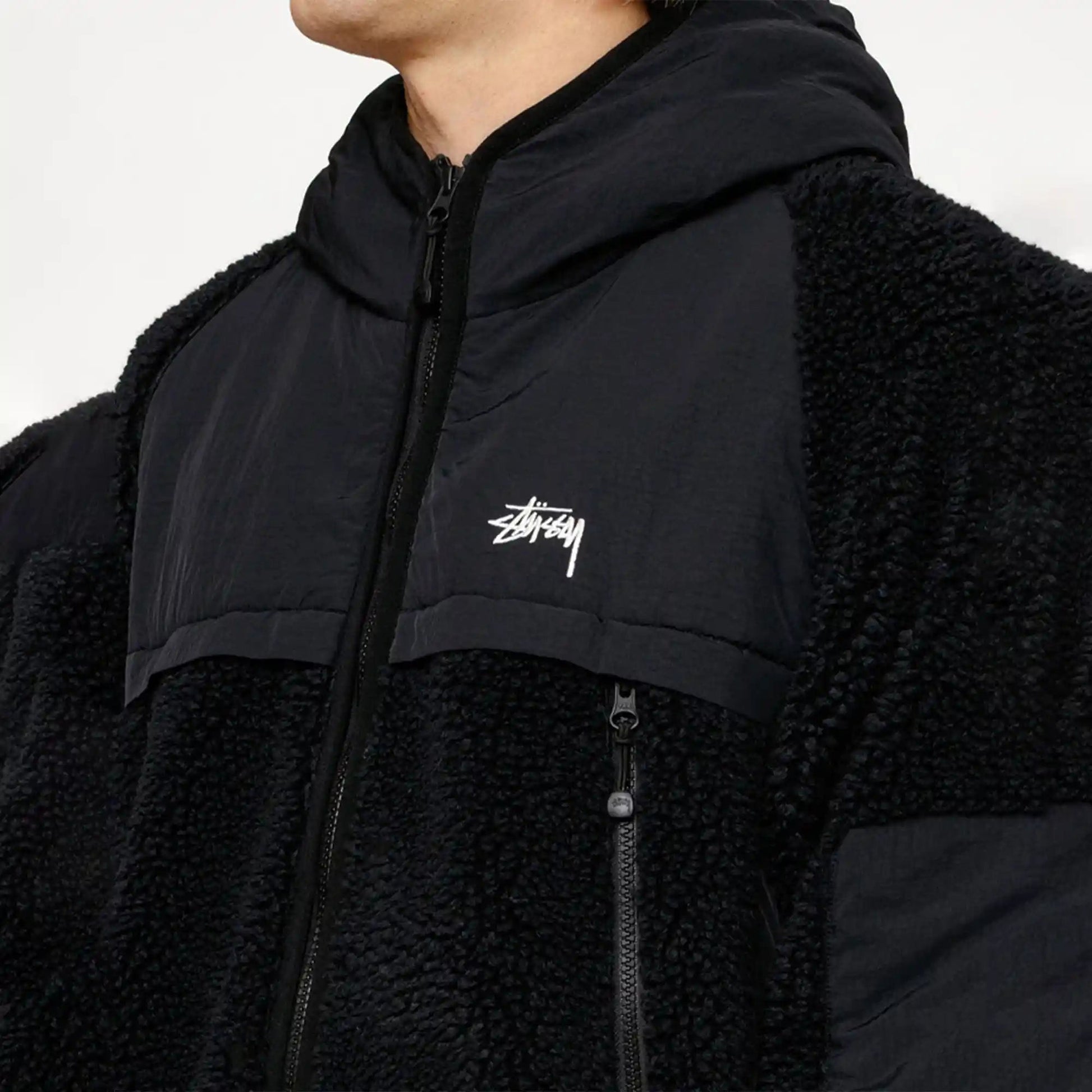 Stussy Sherpa Paneled Hooded Jacket, black - Tiki Room Skateboards Stussy Sherpa Paneled Hooded Jacket, black - Tiki Room Skateboards