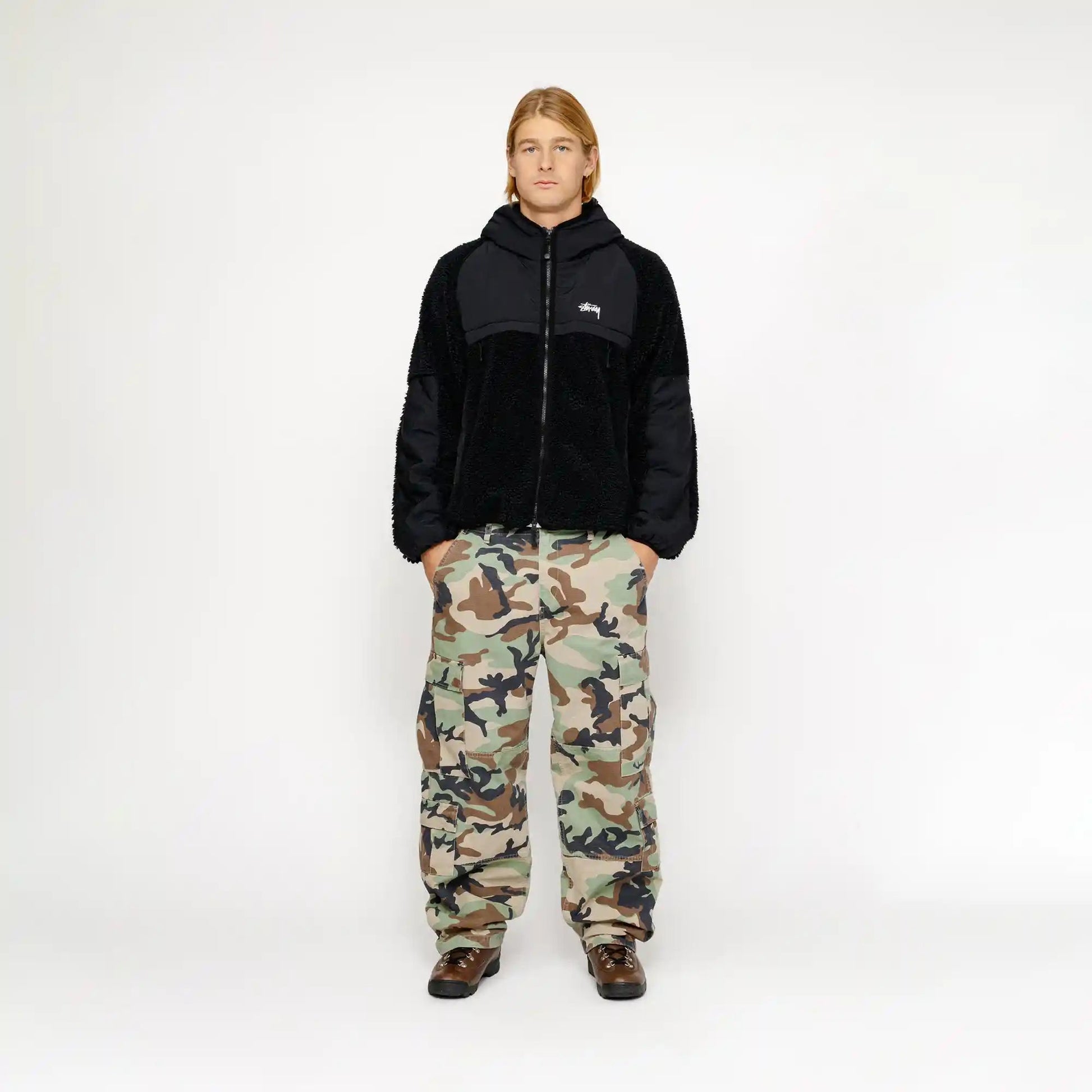 Stussy Sherpa Paneled Hooded Jacket, black - Tiki Room Skateboards Stussy Sherpa Paneled Hooded Jacket, black - Tiki Room Skateboards