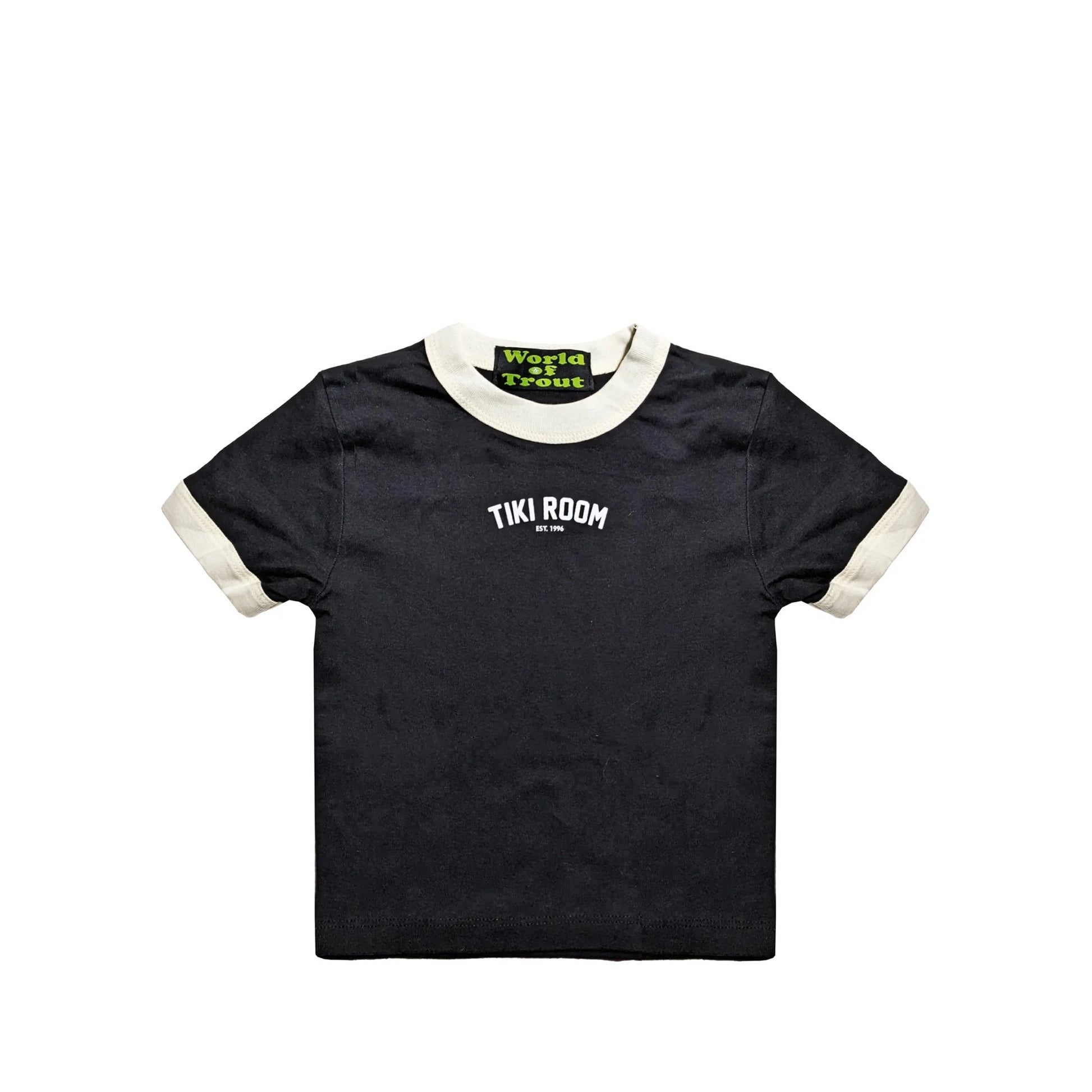 Tiki Room Mini Arch Logo Women's Baby Tee, black/white - Tiki Room Skateboards - 1