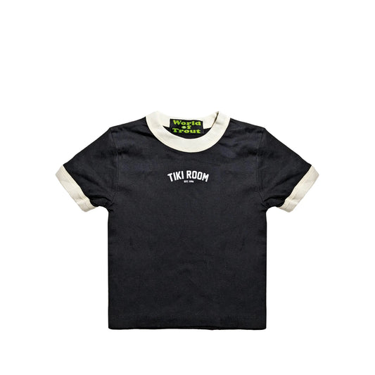 Tiki Room Mini Arch Logo Women's Baby Tee, black/white - Tiki Room Skateboards - 1