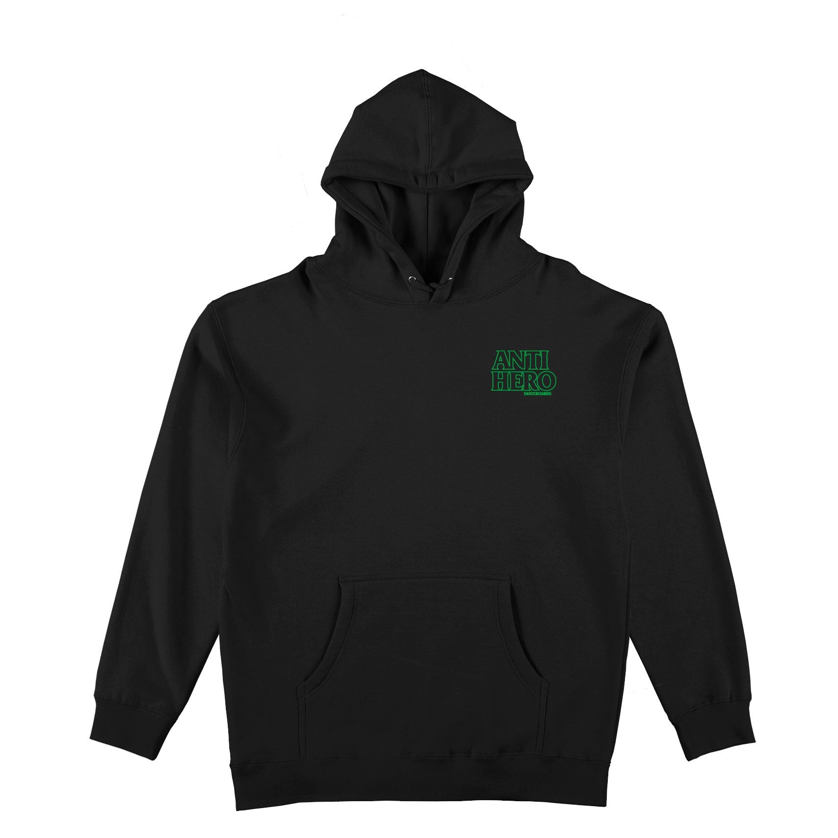 Anti Hero Lil Black Hero Outline Emb Pullover Hooded Sweatshirt W/ Embroidery, black w/ green embroidery - Tiki Room Skateboards - 1