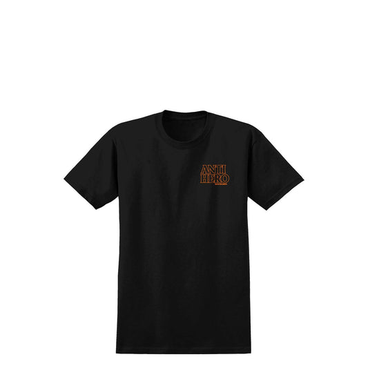 Anti Hero Lil Black Hero Outline S/S T-Shirt, black w/ orange print - Tiki Room Skateboards - 1