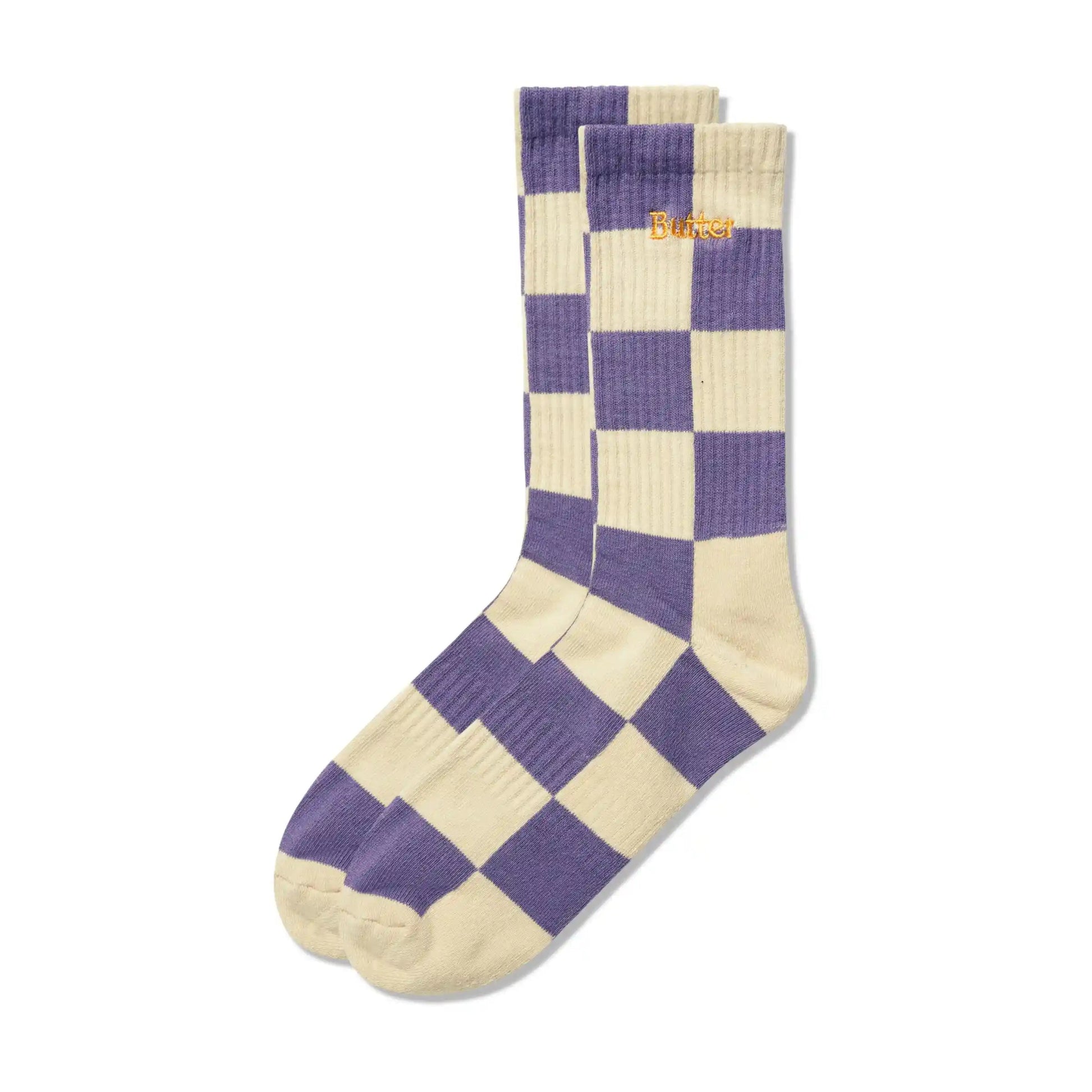 Butter Goods Checkered Socks, eggplant / tan - Tiki Room Skateboards - 1