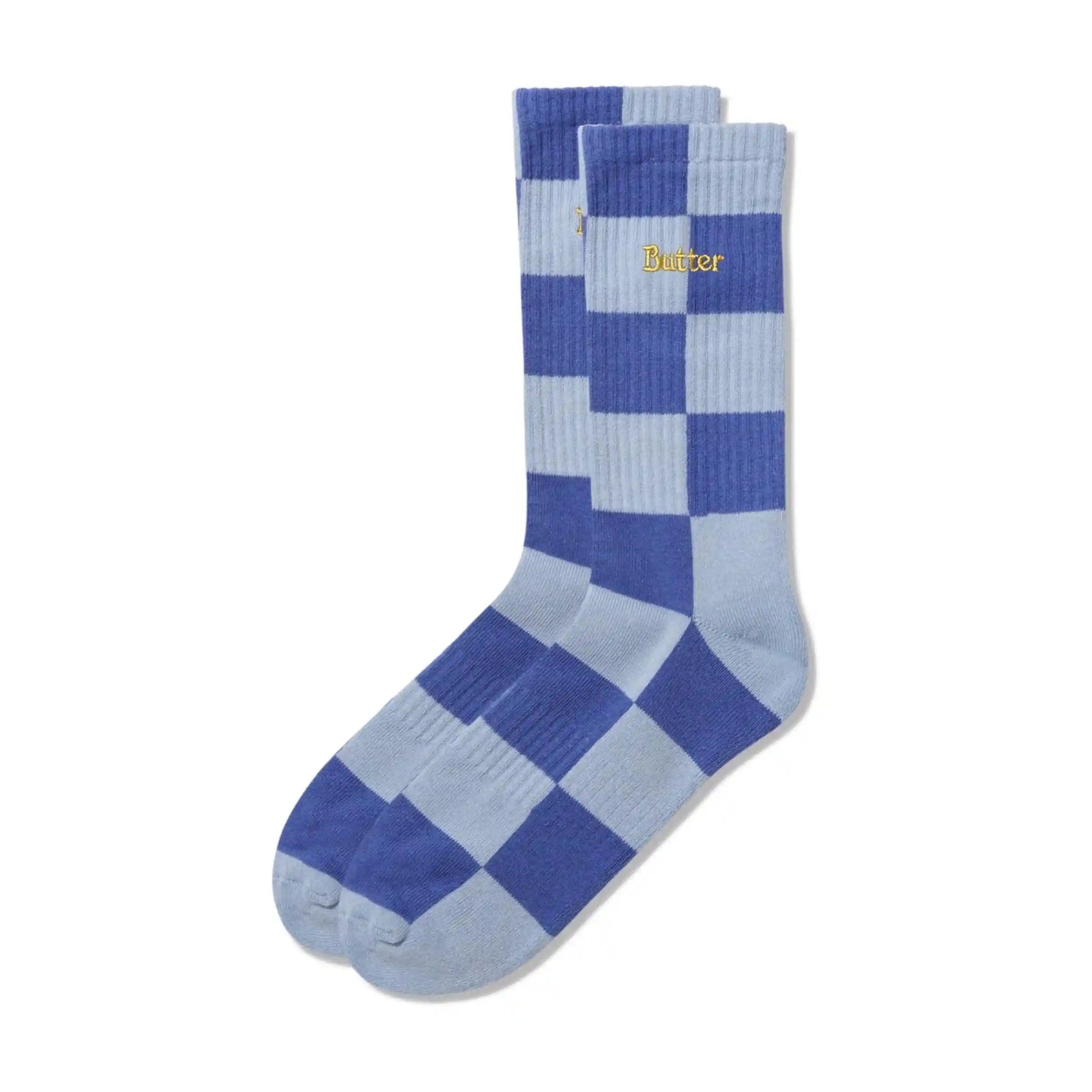 Butter Goods Checkered Socks, powder blue / slate - Tiki Room Skateboards - 1