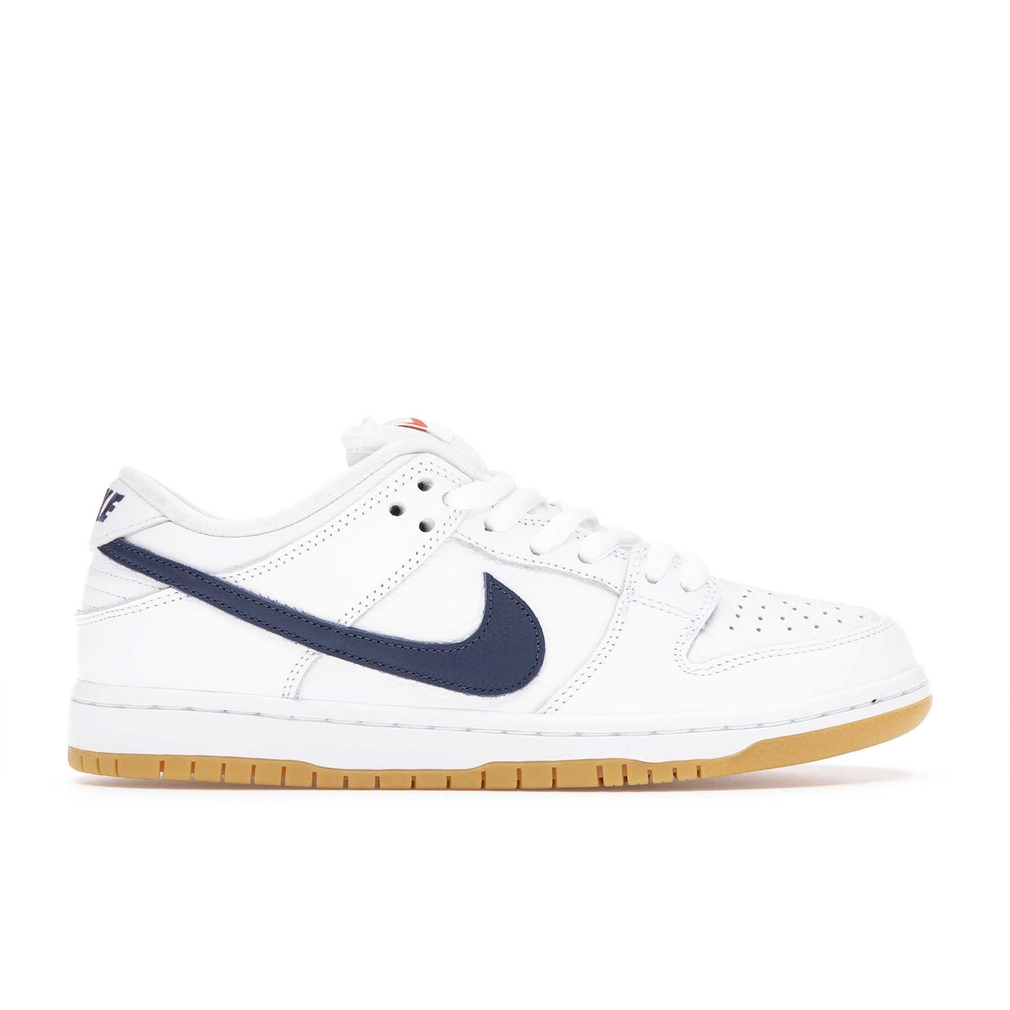Nike SB Dunk Low Pro, white/navy - white - safety orange - Tiki Room Skateboards - 1
