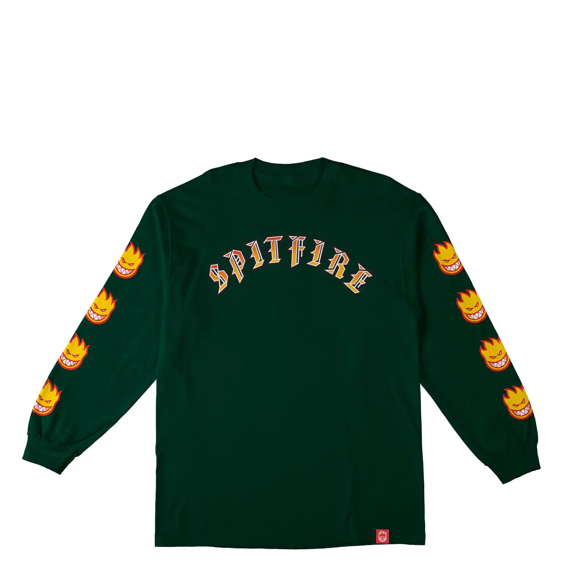 Spitfire Old E Bighead Fill Sleeve Long Sleeve T-Shirt, forest green w/ gold & red prints - Tiki Room Skateboards - 1