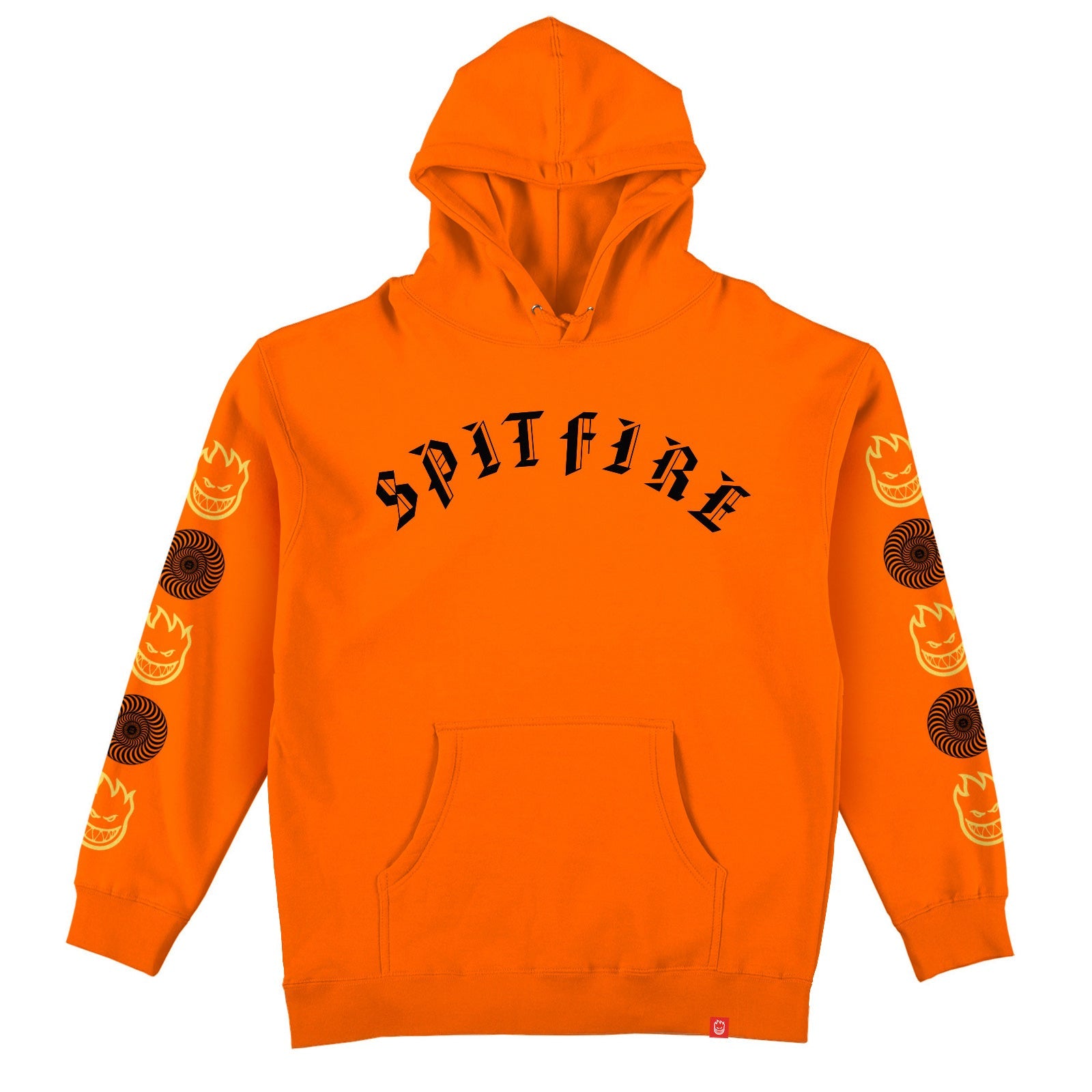 Spitfire Old E Combo Sleeve Hoodie- Premium Print, safety orange w/ black & yellow prints - Tiki Room Skateboards - 1