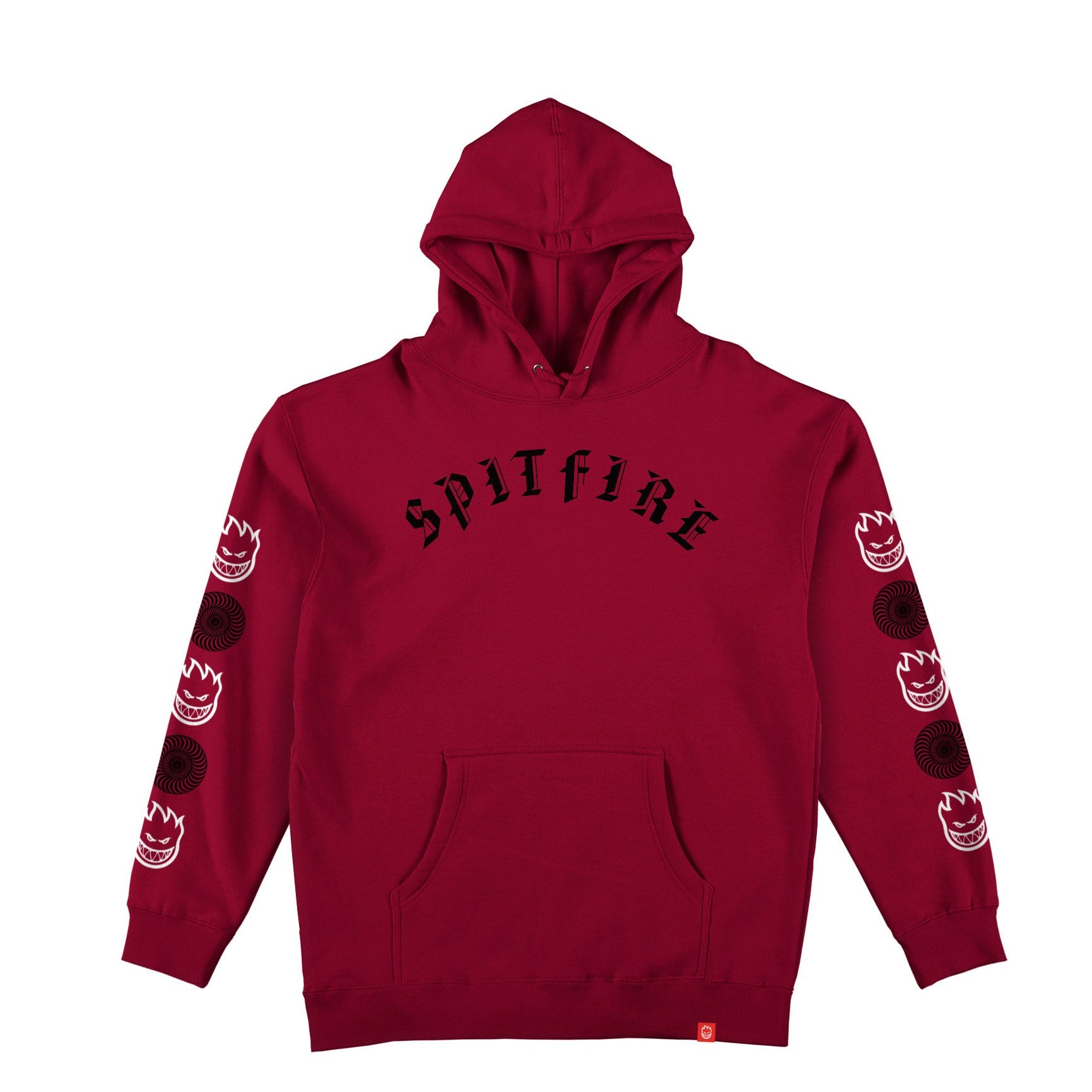 Spitfire Old E Combo Sleeve Pullover Hooded Sweatshirt- Premium Print, scarlet w/ black & white prints - Tiki Room Skateboards - 1